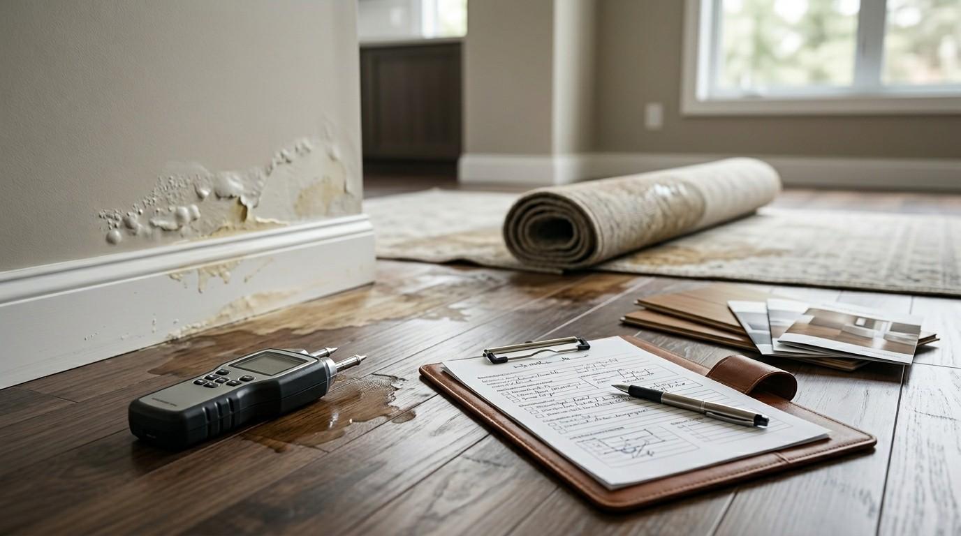 Water-damaged wall and flooring with a moisture meter, inspection checklist, and repair estimates on the floor.