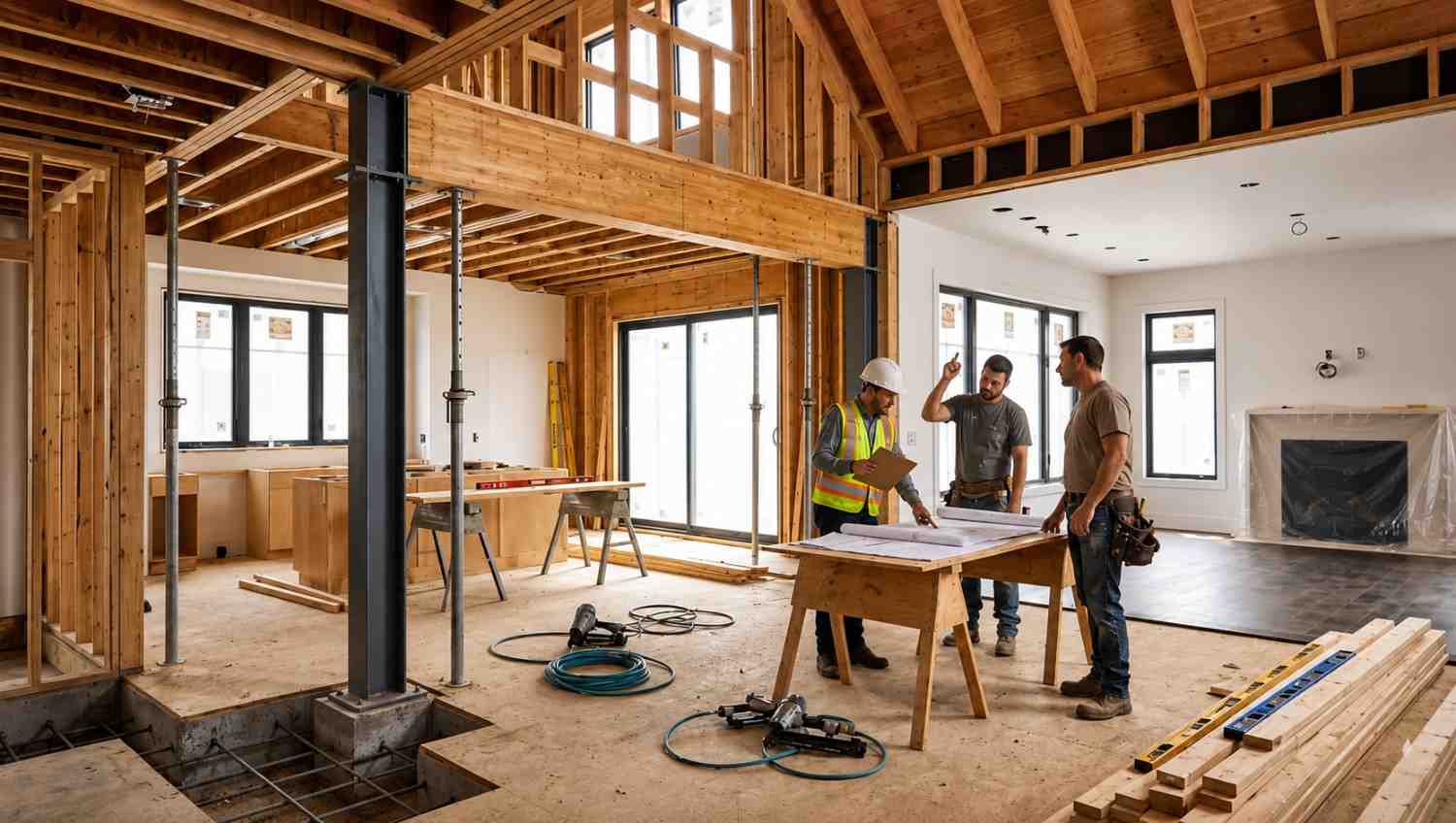 Contractors and a construction manager reviewing blueprints inside a home under renovation with exposed framing, structural beams, and partially finished living spaces.