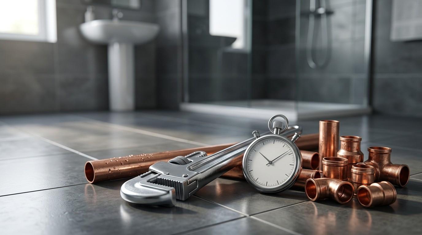 Pipe wrench, copper pipes, fittings, and a stopwatch on a tiled bathroom floor, representing fast emergency plumbing repairs and professional pipe installation services.