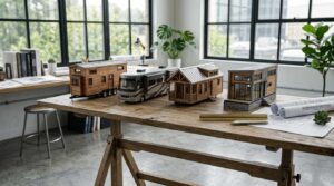 Comparison of tiny homes, RVs, and park model home designs displayed as scale models in an architectural studio.