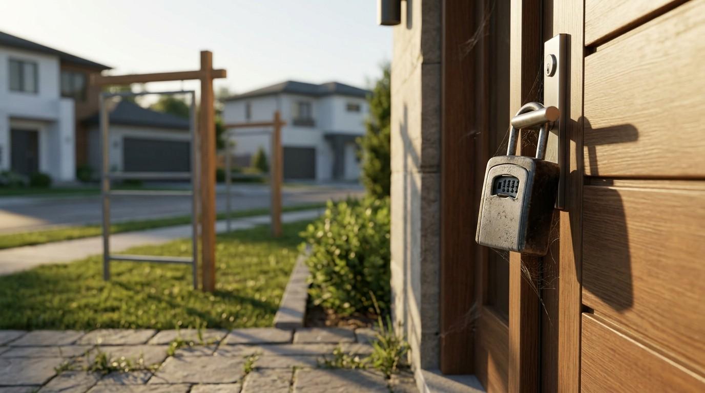 Locked front door with a real estate sign frame in front of an unsold suburban home.