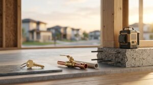 House key, plumbing fittings, and construction tools displayed inside a newly framed home under construction.