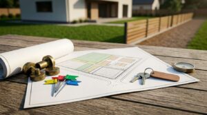 Property site plan with boundary markers, survey tools, keys, and legal land development considerations.
