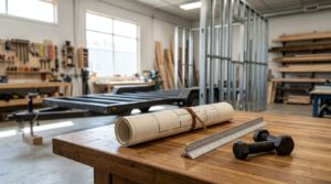 Rolled construction plans, a ruler, and steel bolts on a workshop table, with a park model home trailer frame and wall framing under construction in the background.