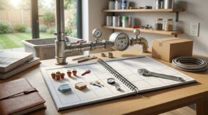 Plumbing maintenance schedule with tools, gauges, and calendar planner.