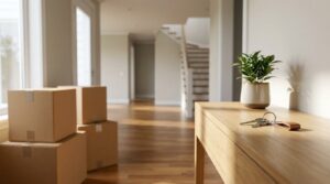Moving boxes and house keys inside a bright, newly purchased home.