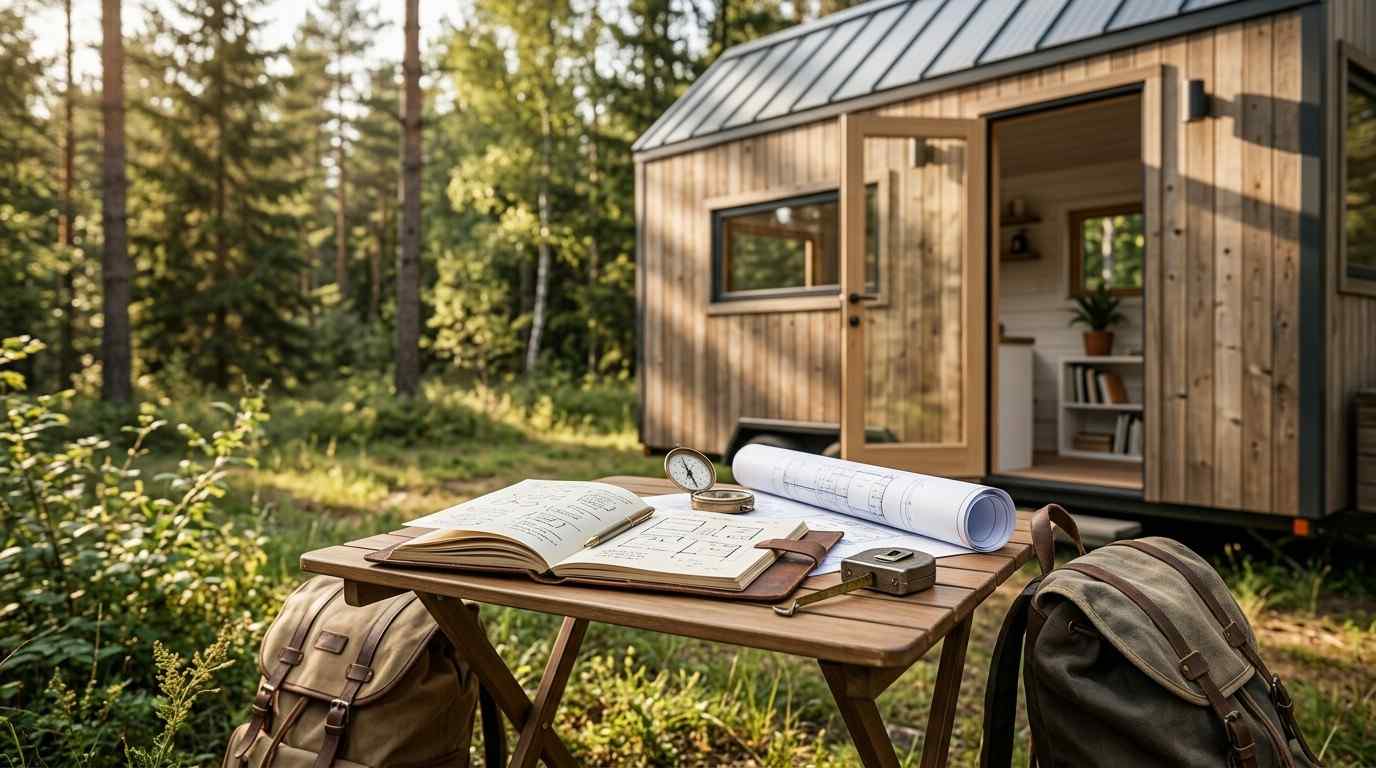Tiny house in a forest clearing with blueprints, notebook, and tools on an outdoor planning table.