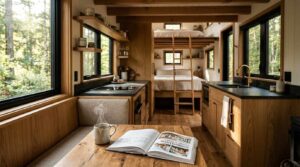 Cozy tiny house interior with wood finishes, loft bedroom, compact kitchen, and dining area overlooking a forest view.