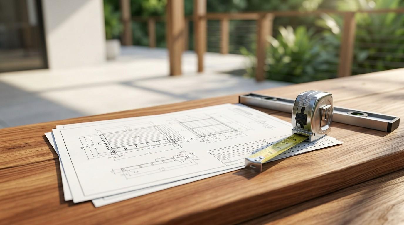 Deck construction blueprints, a tape measure, and a spirit level on a wooden surface, representing outdoor deck planning, measuring, and residential construction.