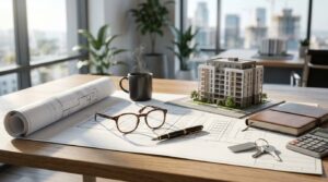 Architectural plans, building model, keys, and financial tools arranged on a desk in a modern office.