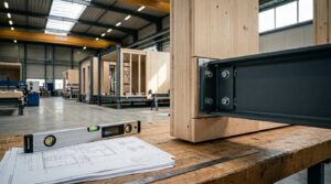 Prefab home construction quality inspection featuring engineered timber framing, steel beam connections, blueprints, and leveling tools inside a manufacturing facility.