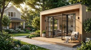 Backyard ADU with open doors and landscaped garden.