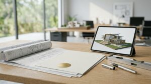 Builder qualification documents, blueprints, and a digital home design displayed on a desk.