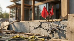 Construction defect warning signs with cracked foundation and red flags at a residential building site.