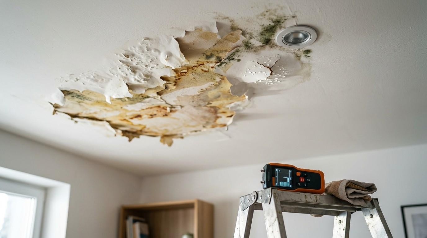 Severe ceiling water damage with peeling paint, mold growth, and a moisture meter on a ladder below.