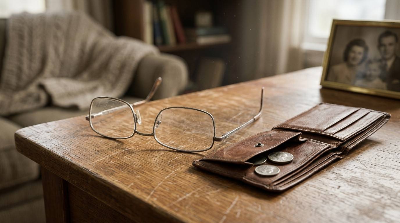 Eyeglasses and a worn wallet with coins on a scratched wooden table, symbolizing retirement financial concerns.