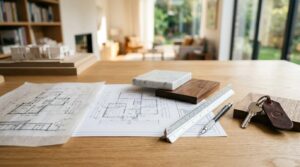 House plans, material samples, and keys arranged on a table during the home-building process.