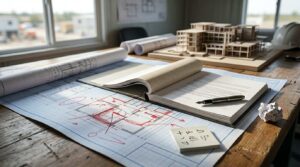 Construction change orders and dispute management with revised blueprints, project documentation, and design modifications.
