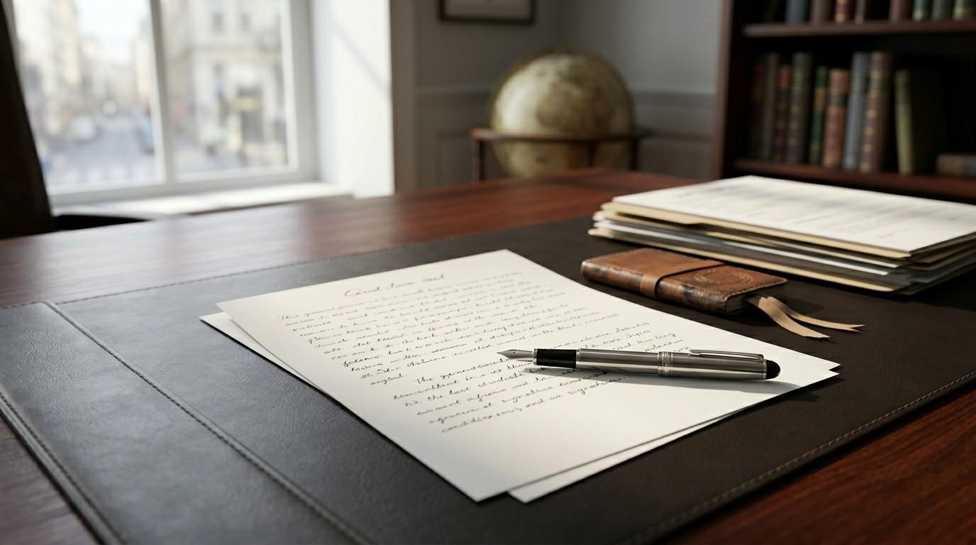 Signed legal document and fountain pen on a desk, symbolizing a property transfer or nominal home sale.