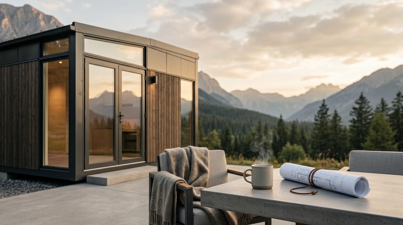 Modern prefab home with architectural plans and a coffee cup on an outdoor table overlooking a mountain landscape, representing modular home design and planning.