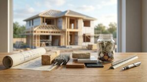 Construction cost planning materials, building samples, and a savings jar displayed in front of a house under construction.