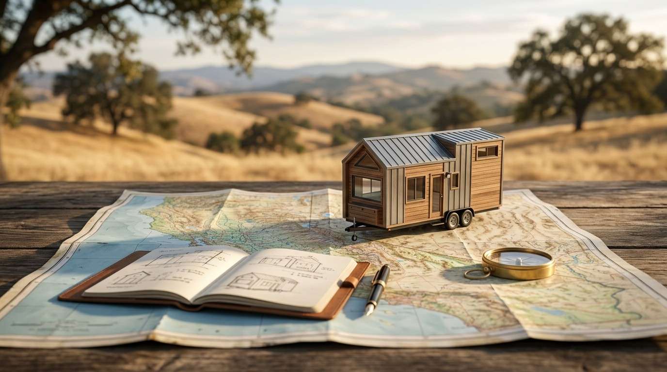 Tiny house model on a map with a notebook and compass, set against rolling California hills.