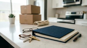 Move-in warranty documents, house keys, and homeowner checklist for first-year home maintenance.