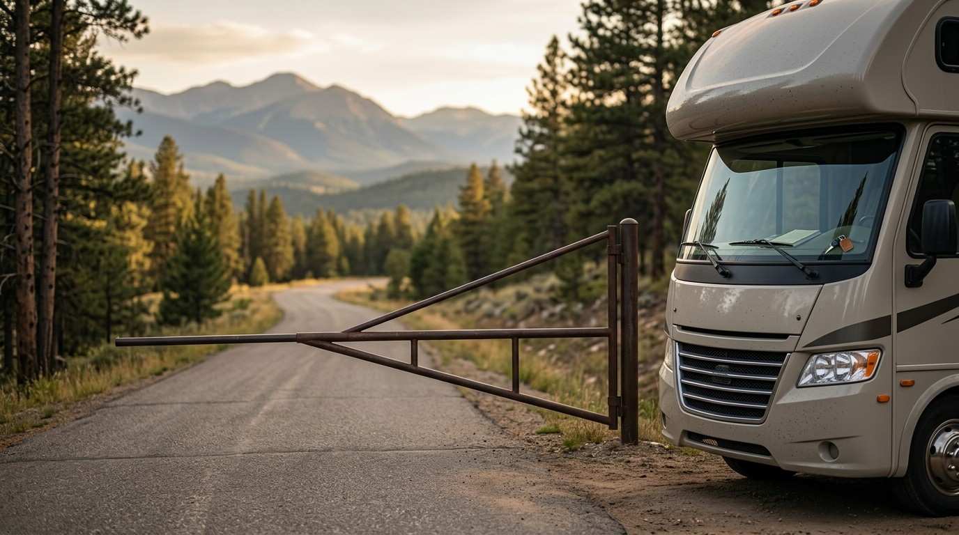 RV parked beside a rural mountain road, blocked by a closed metal gate, symbolizing access restrictions and RV parking limitations.