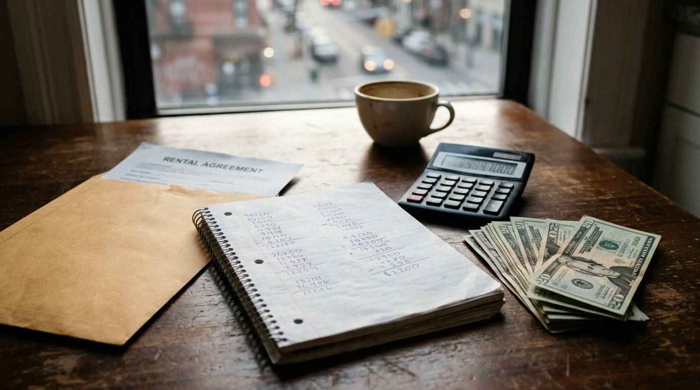 Rental agreement, calculator, cash, and budget notes on a table, representing rental costs and financial planning.