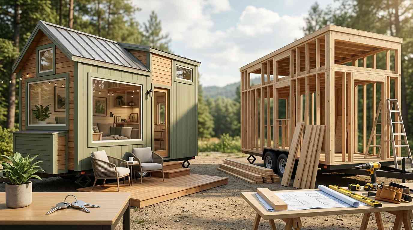 Comparison of a finished tiny home and a tiny home under construction on trailers, illustrating the choice between buying a completed unit and building one from scratch.