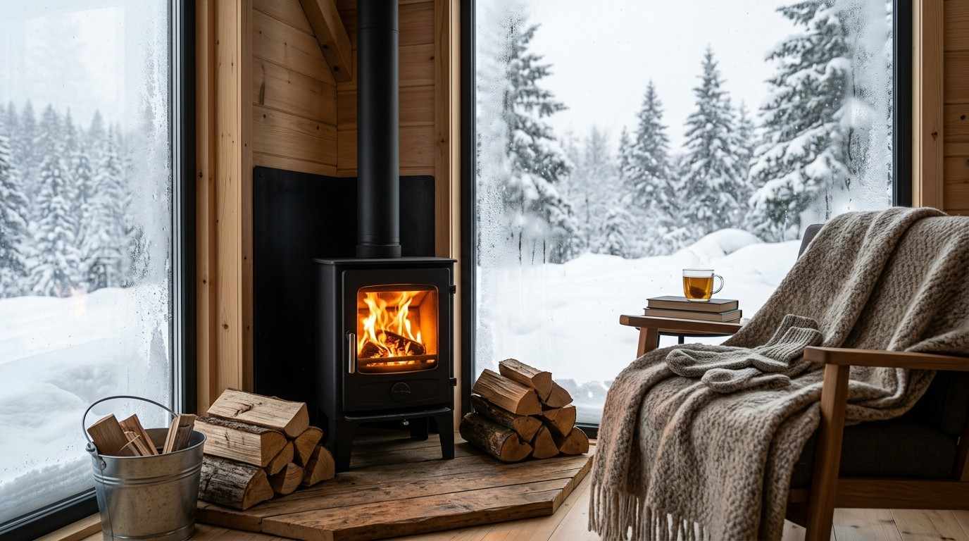 Cozy tiny-home interior in winter with a wood-burning stove, stacked firewood, and a blanket-covered chair beside large windows overlooking a snowy forest, highlighting cold-weather heating and comfort.