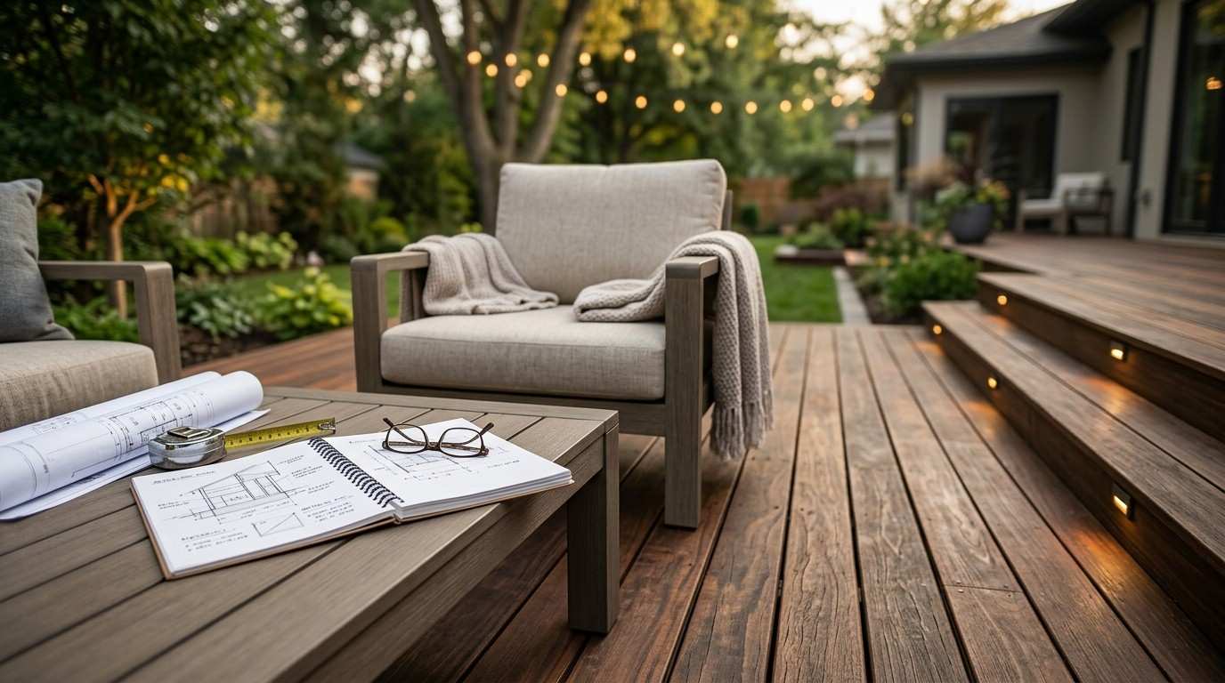 Outdoor deck with patio seating, construction plans, measuring tools, and design notes on a table, illustrating residential deck planning and backyard renovation.