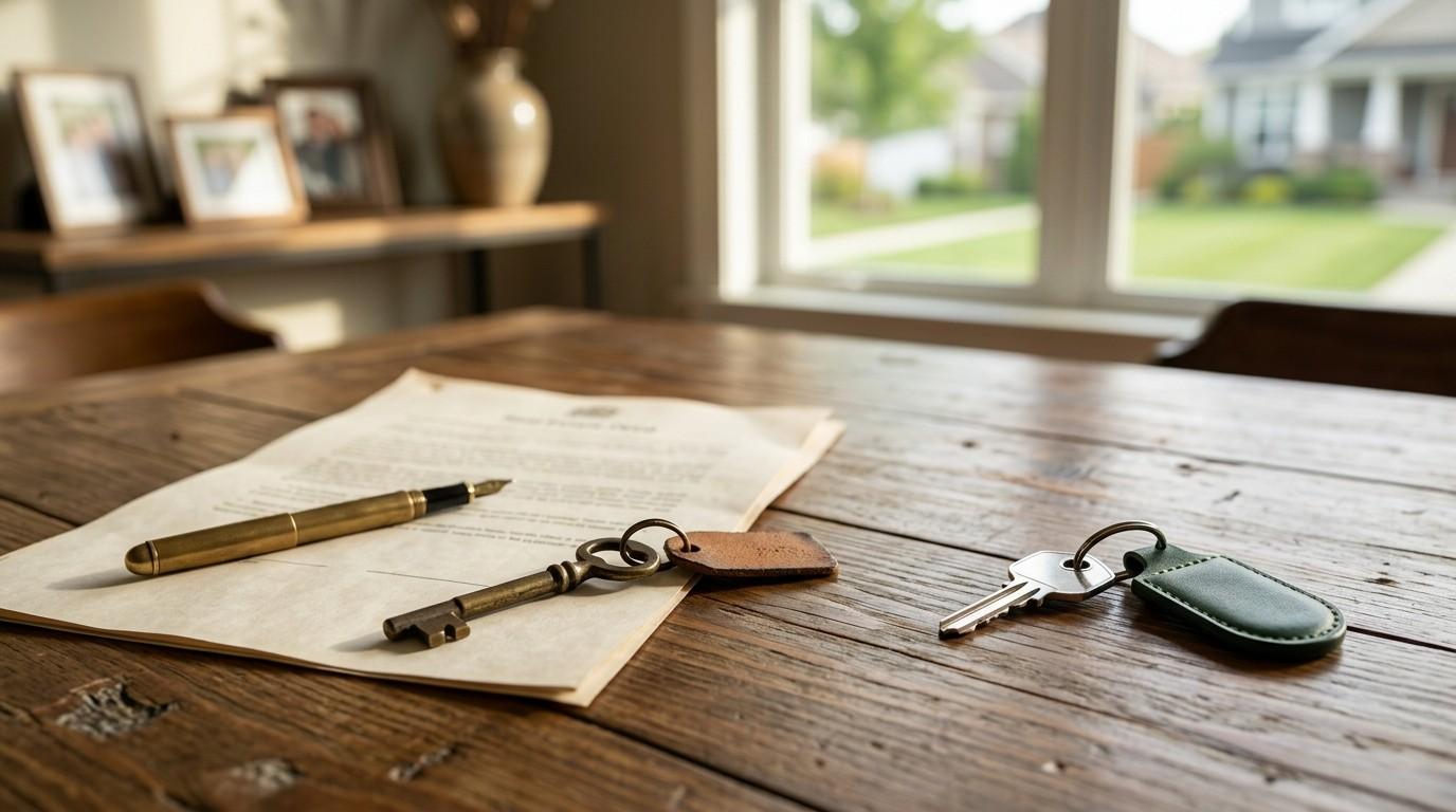 House transfer documents and keys on a table, symbolizing a family property sale or ownership transfer