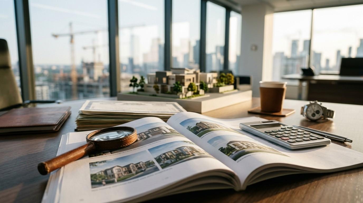 Real estate investment workspace with property listings, calculator, documents, and a scale model of homes.