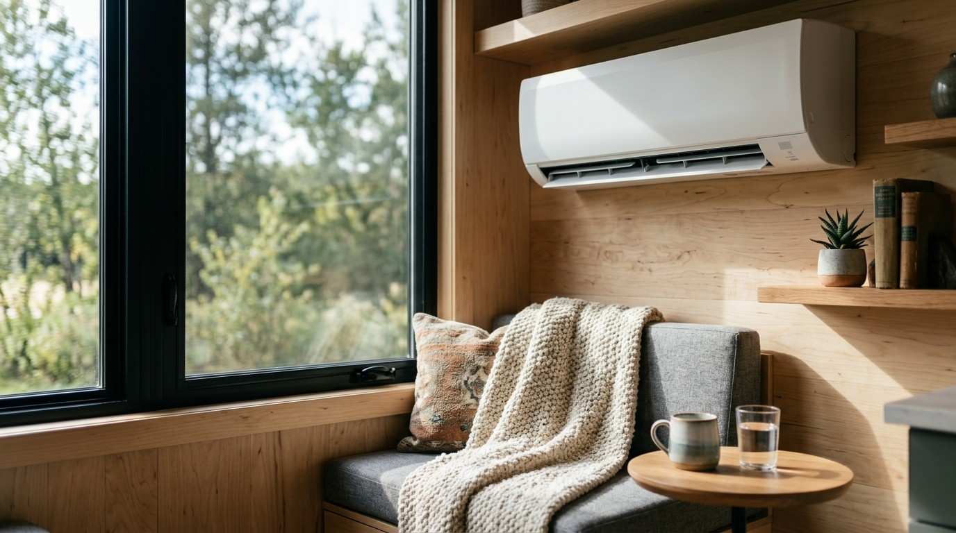 Cozy tiny home seating area with a wall-mounted mini-split air conditioner above a cushioned bench by a large window.
