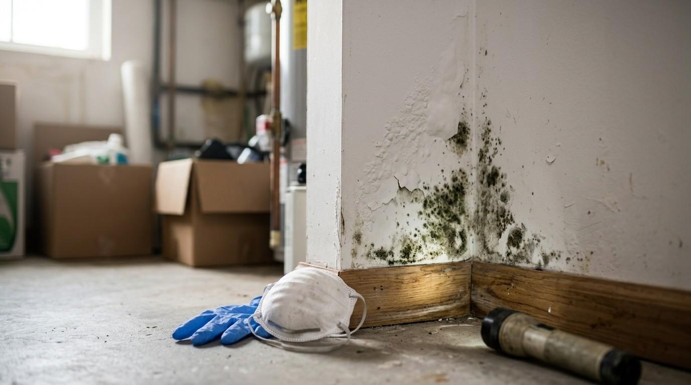 Mold growing on a water-damaged wall near a baseboard, with protective gear and inspection tools on the floor.
