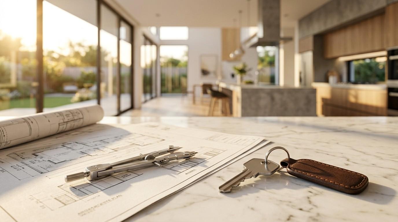 House keys, architectural blueprints, and a drafting compass on a marble kitchen island inside a modern home, representing custom home design, construction, or property ownership.