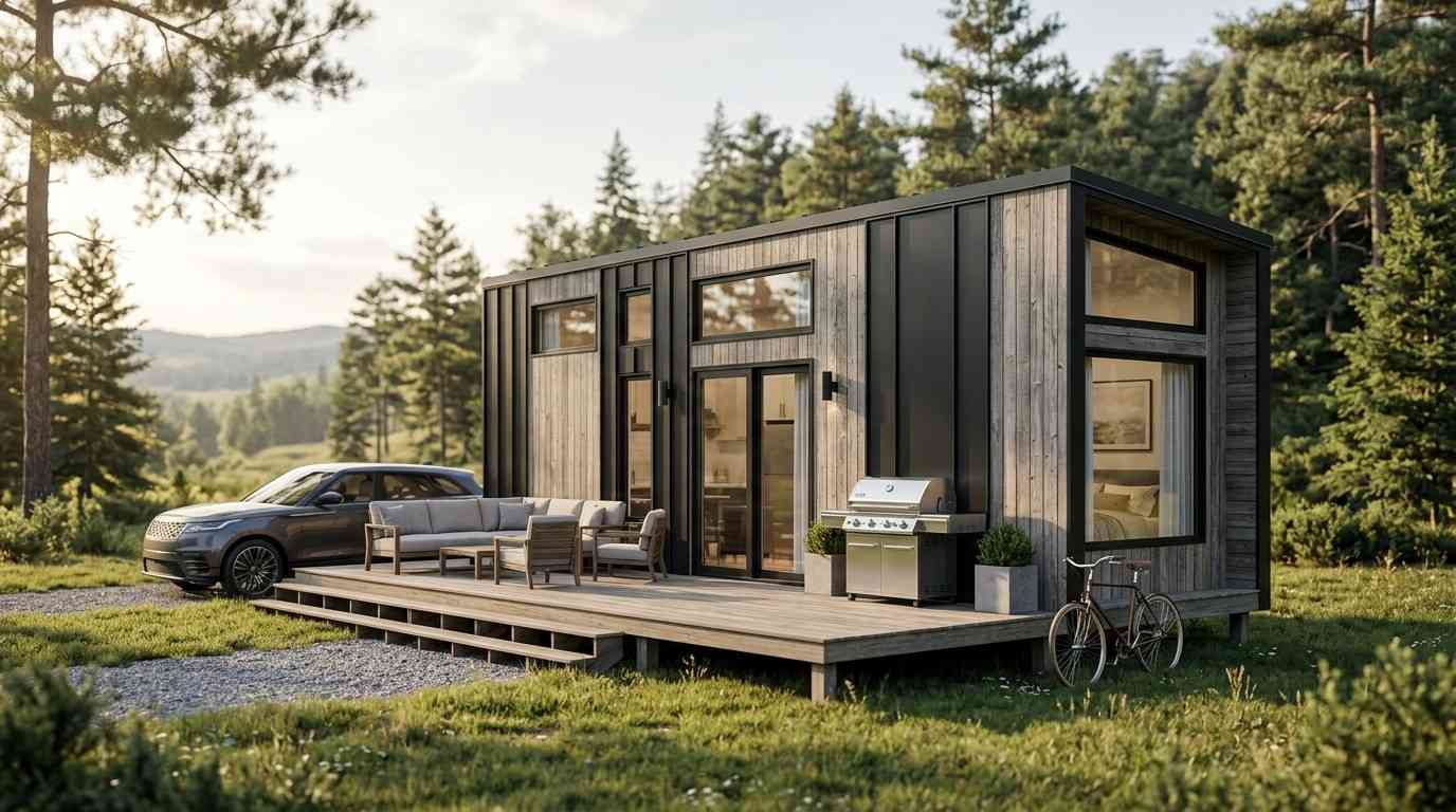Modern tiny home with a large deck, outdoor seating, and a parked SUV in a wooded setting.