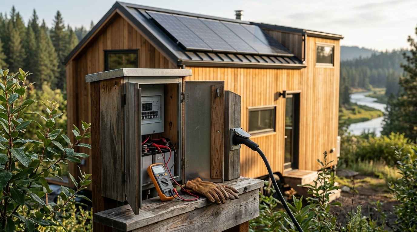 Solar-powered tiny home with an outdoor electrical hookup panel and battery system in a wooded landscape.