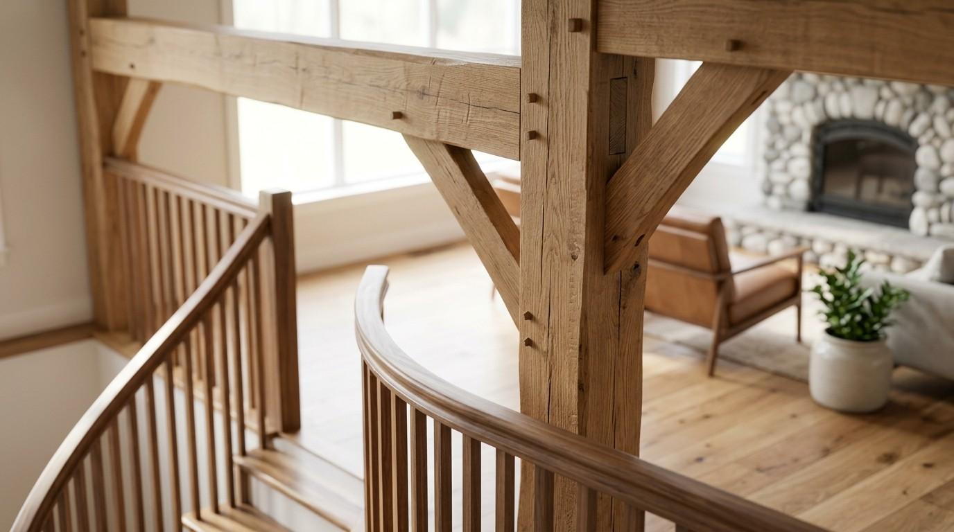 Exposed timber beams and a curved wooden staircase inside a spacious handcrafted home.