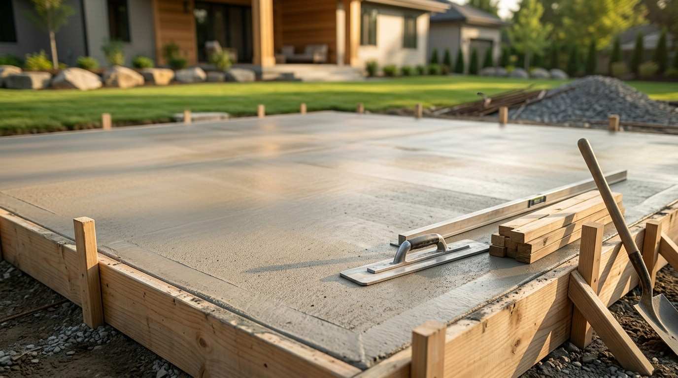 Freshly poured concrete slab foundation with finishing tools and wooden forms at a residential construction site.