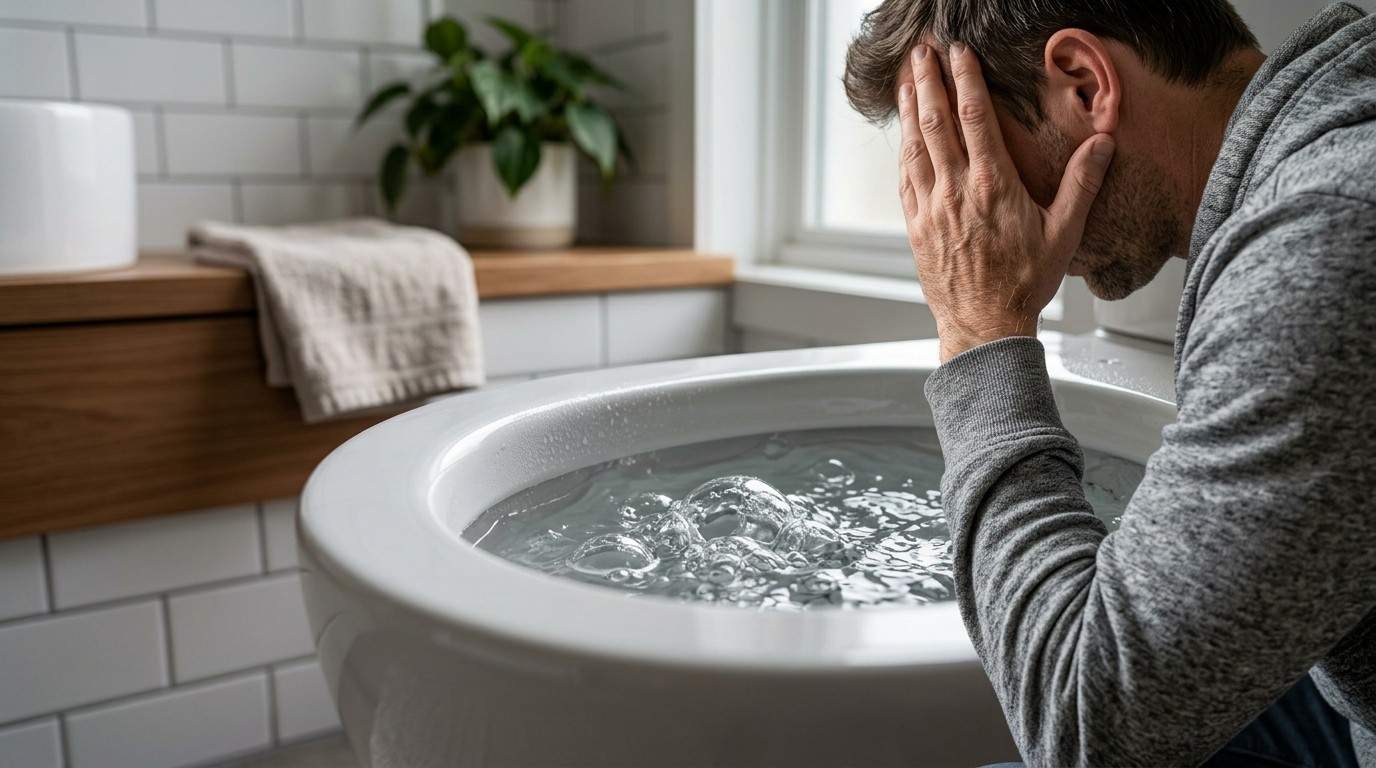 Homeowner frustrated by a toilet with bubbling water, illustrating a toilet plumbing issue, poor venting, sewer line blockage, or drainage problem.