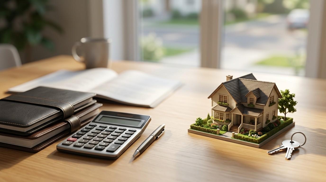 House affordability concept with a model home, calculator, notebooks, and keys on a desk.
