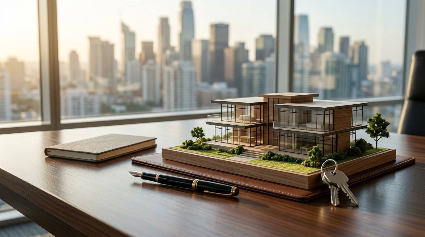 Mortgage planning concept with a modern house model, keys, and a pen on an office desk overlooking a city skyline.