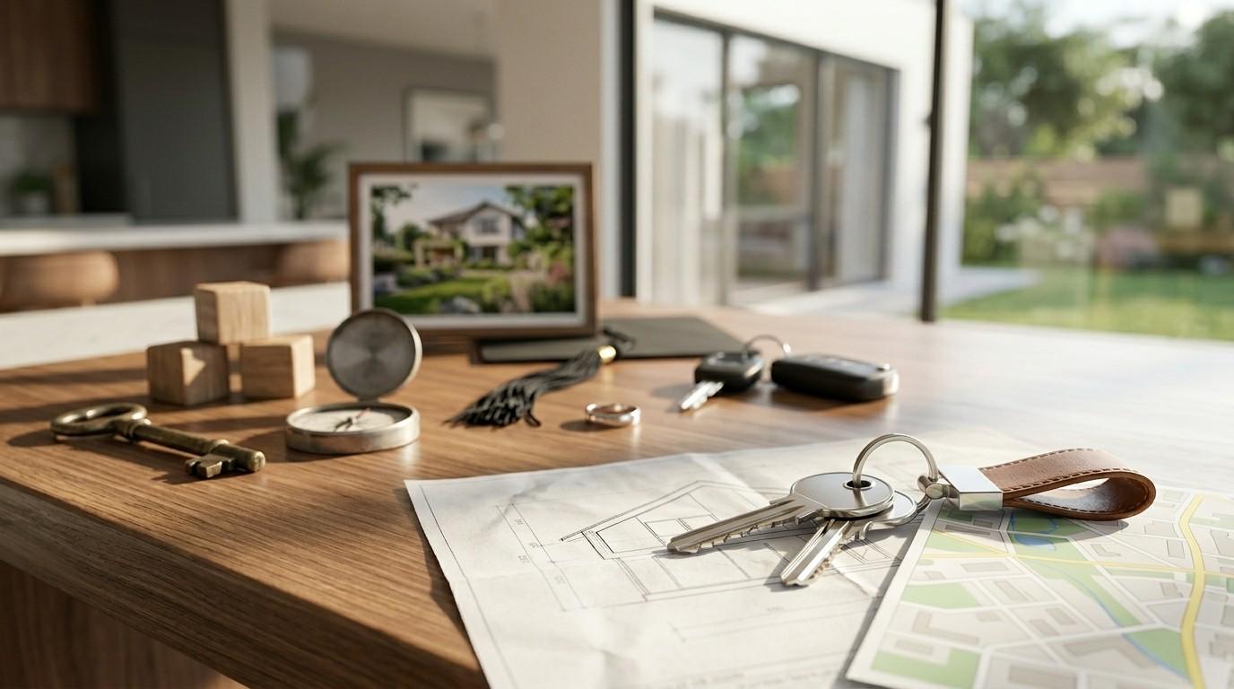 Homebuying and moving concept with keys, house plans, a map, and personal items arranged on a table in a modern home.