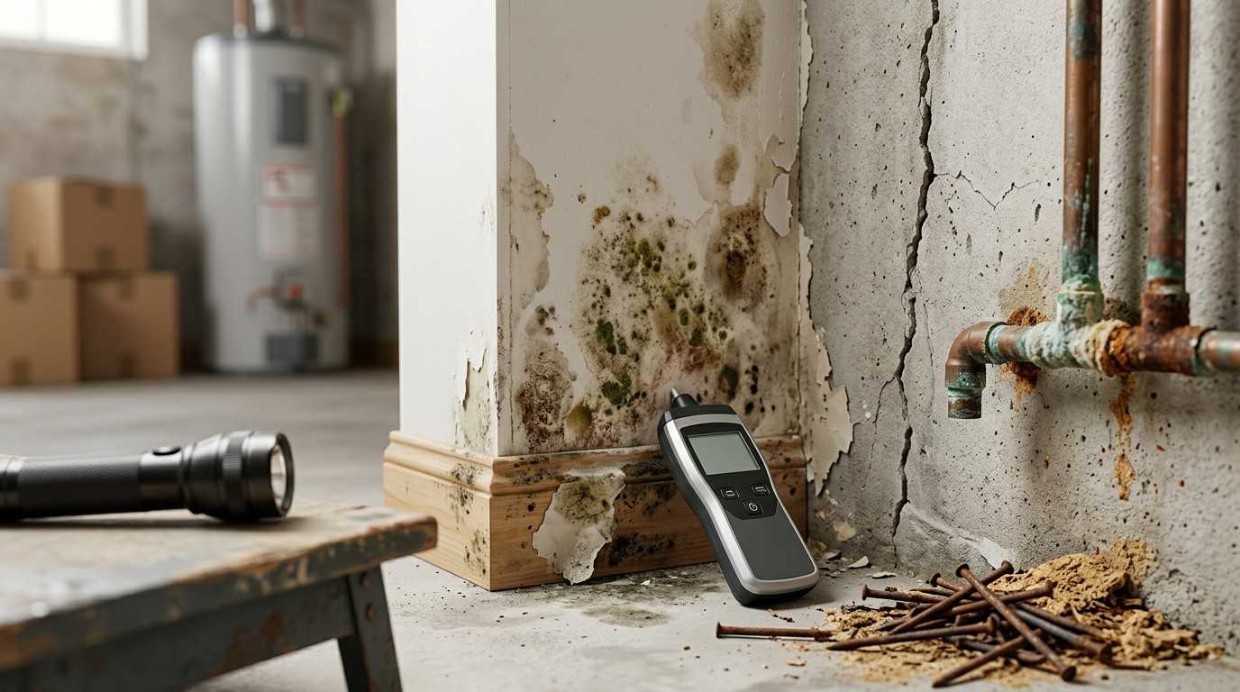 Water damage warning signs with mold, cracked walls, rusted pipes, and a moisture meter during a home inspection.