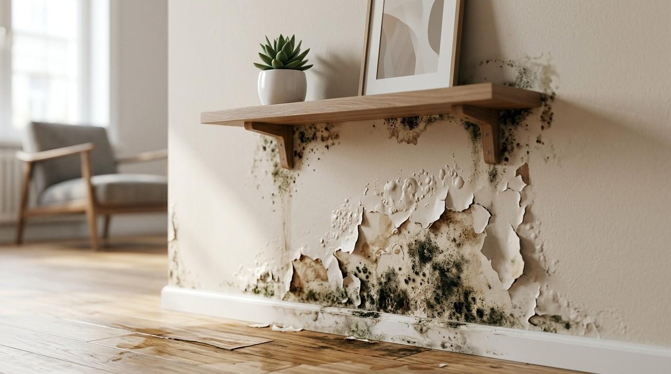 Severe water damage and black mold spreading across a wall, with peeling paint and warped flooring below.