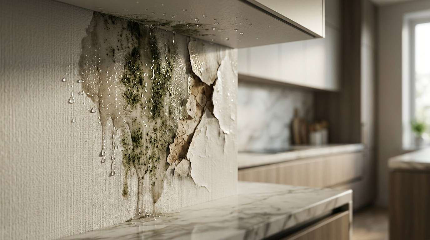 Water-damaged kitchen wall with mold growth, peeling paint, cracked drywall, and visible moisture, illustrating hidden water damage and the need for home restoration.