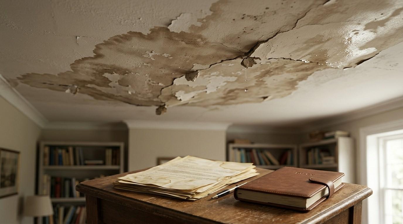 Severe ceiling water damage with peeling paint, cracks, active leaks, and stained documents below.