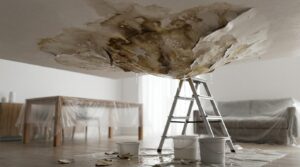 Severely water-damaged ceiling with sagging drywall, active leaks, and buckets placed below to catch dripping water.
